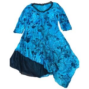 Papillon dress uneven hem blue black V-neck jersey stretchy floral womens' sz XL